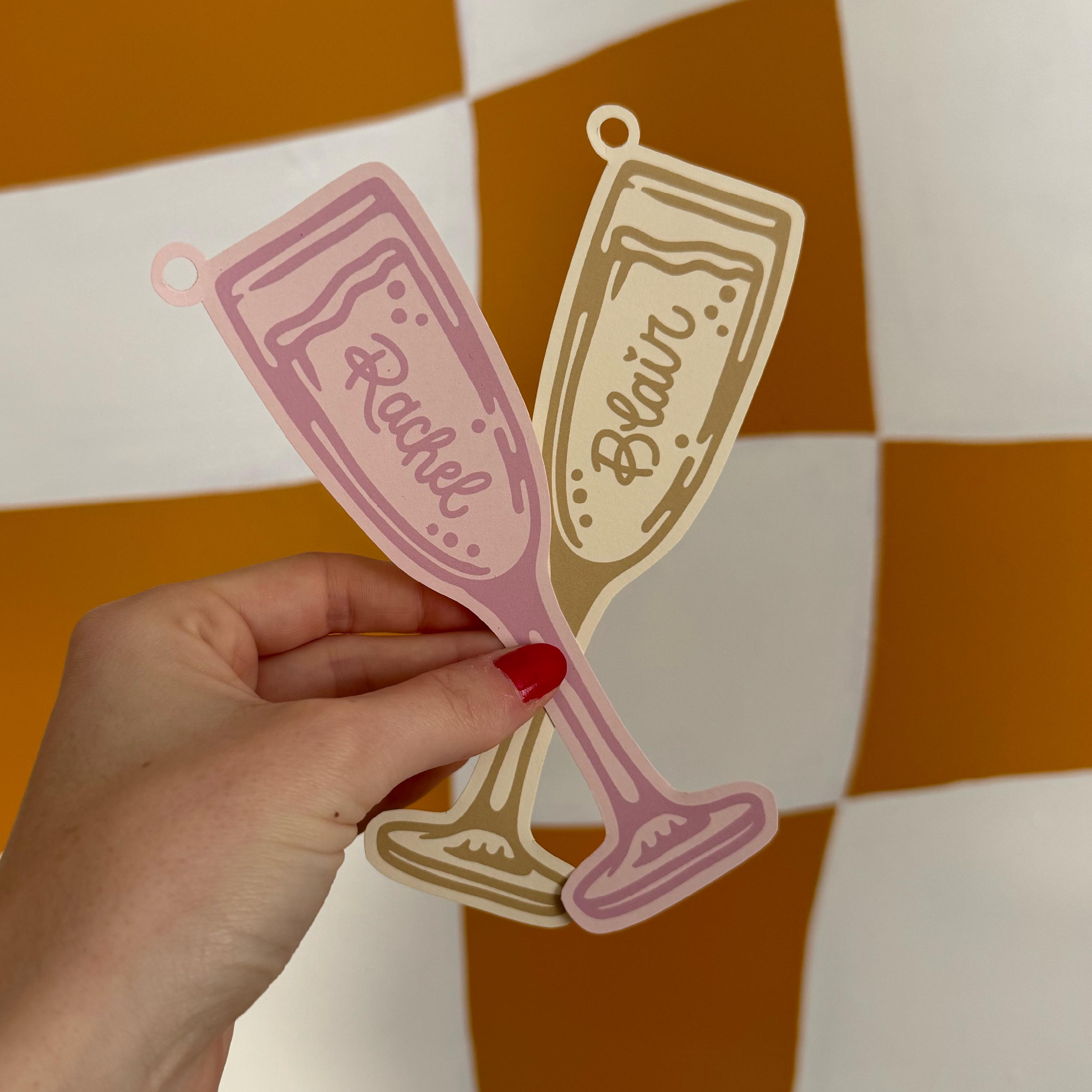 CHEERS to the Bride to Be, Champagne Glass Bridesmaid Name Tag, Gift Tag, Bachelorette Proposal, Bridal Shower, Pop The Champagne, Prosecco