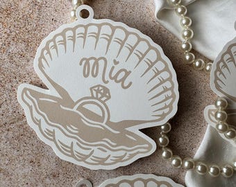 Seashell Wedding GIift Tag: Hand-Lettered Bachelorette Place Card. Sea Shells & Wedding Bells Theme