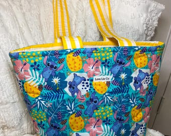 quilted  tote bag/medium tote bag/shopping/market bag/alien/book bag/ohana/summer/girly/cartoon/overnight bag/weekend/stitch