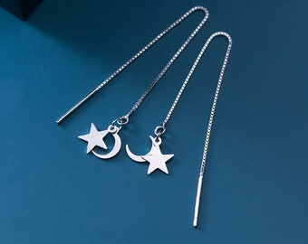 Moon and Star Ear Thread Fashion minimalist Threader Earring 925 Silver Unique birthday present gift for girl for her Everyday Drop Earring