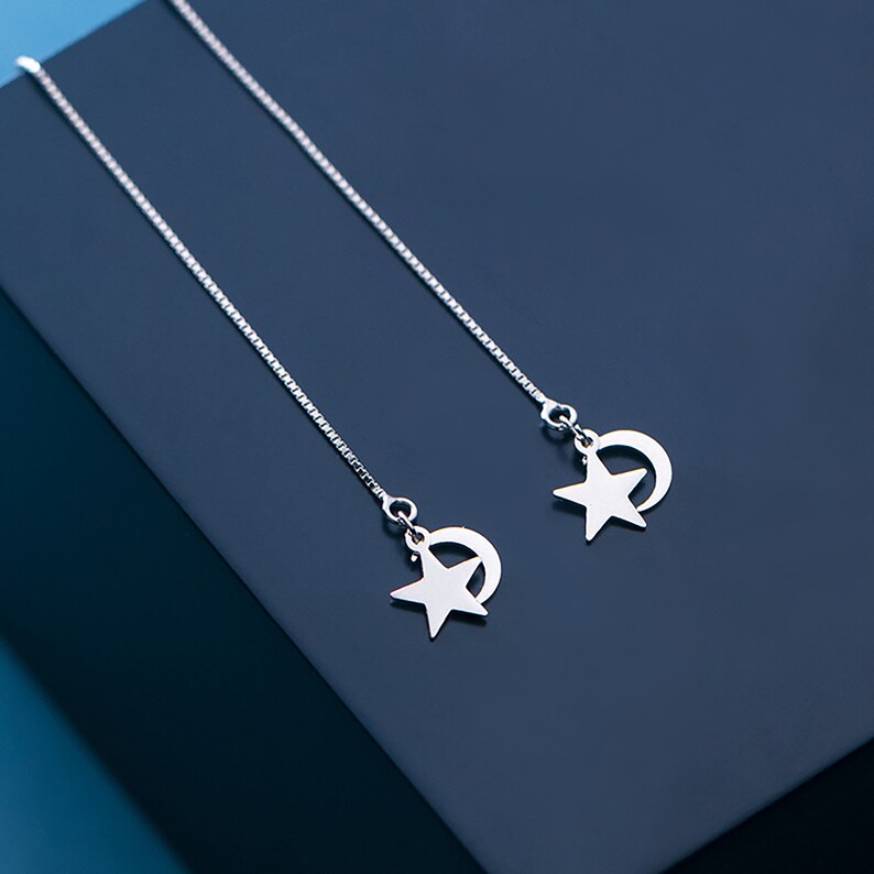 Moon and Star Ear Thread Fashion minimalist Threader Earring 925 Silver Unique birthday present gift for girl for her Everyday Drop Earring
