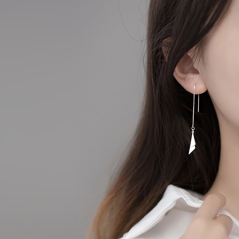 Double Triangle Ear Threads Fashion minimalist Threader Earrings S925 Silver Unique Birthday Present Gift for Her Everyday Drop Earrings