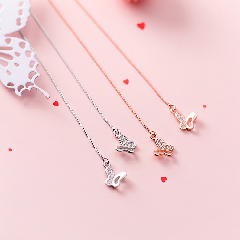 Cute Butterfly Fashion 925 Silver Ear Thread Threader Earring For her birthday present Gift For girlfriend Everyday Drop Earrings for women