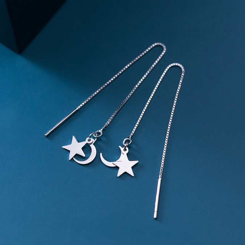 Moon and Star Ear Thread Fashion minimalist Threader Earring 925 Silver Unique birthday present gift for girl for her Everyday Drop Earring