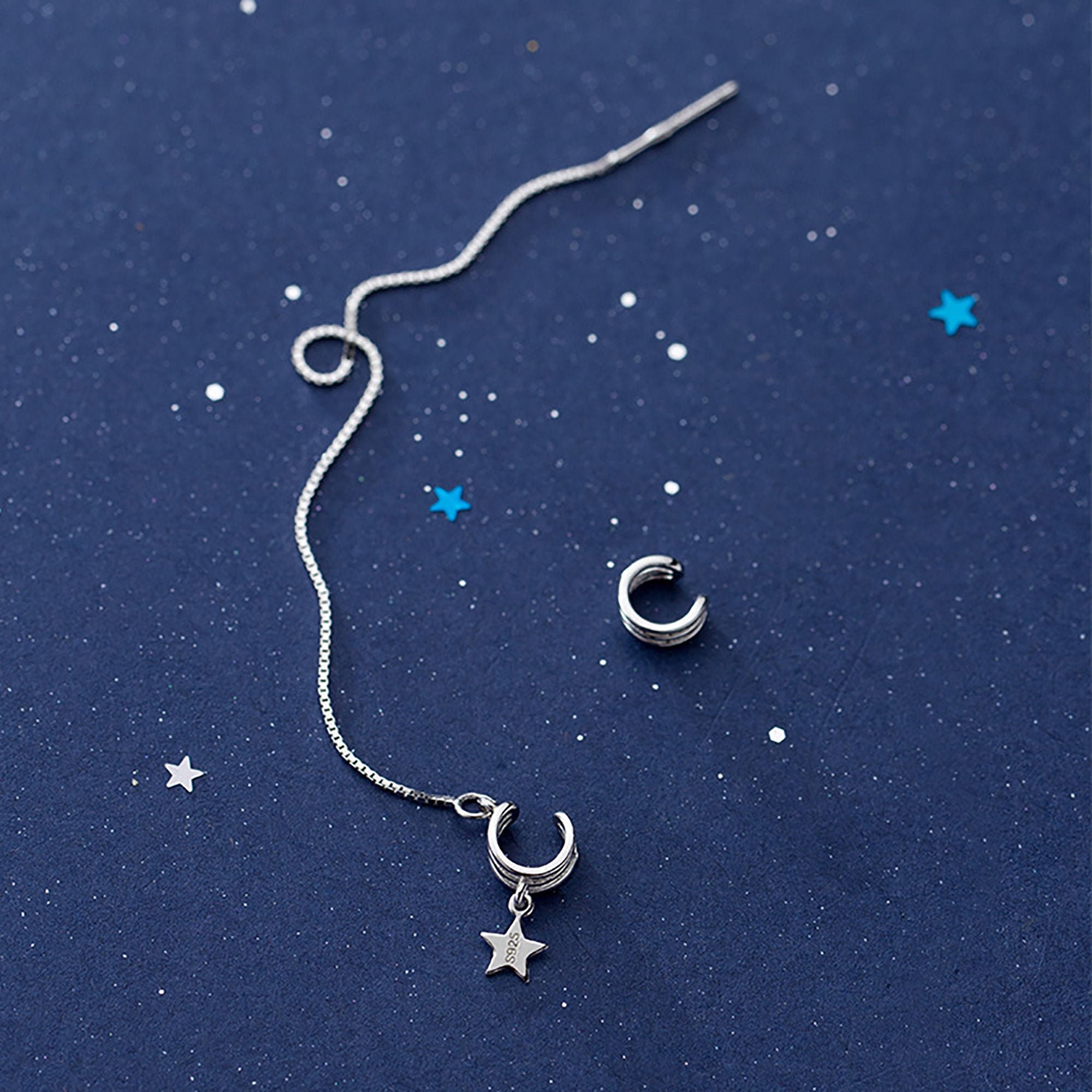 Asymmetry Star Moon Ear Thread Fashion Threader Earring 925 Etsy