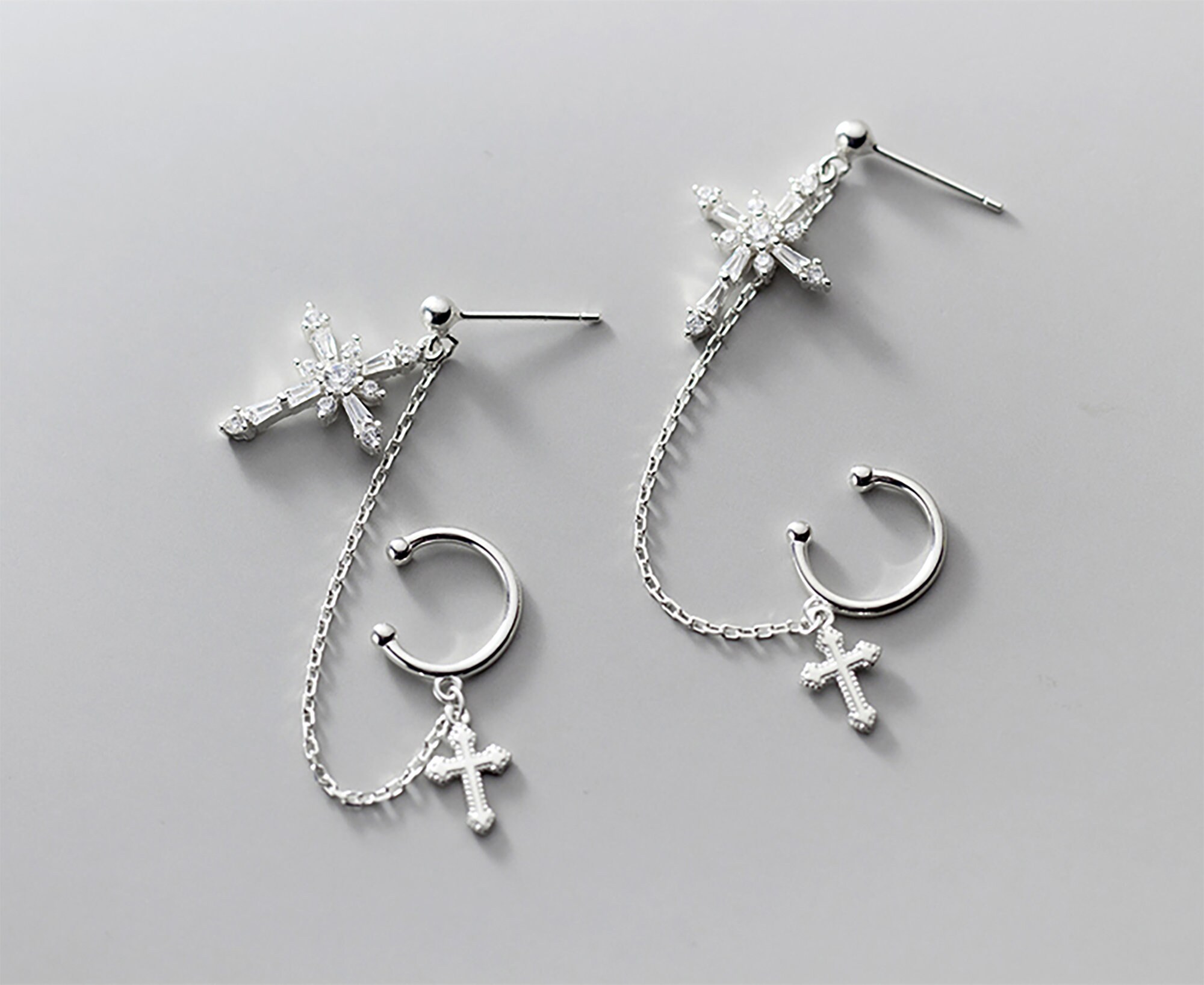 Cross Snowflake diamond Korean Style Cute Stud Earrings 925 | Etsy