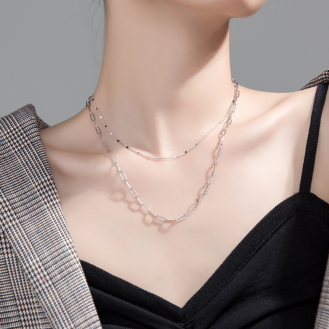 Korean Double chains charm necklace Fashion 925 Silver Etsy
