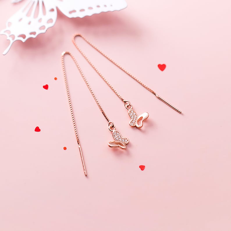 Cute Butterfly Fashion 925 Silver Ear Thread Threader Earring For her birthday present Gift For girlfriend Everyday Drop Earrings for women