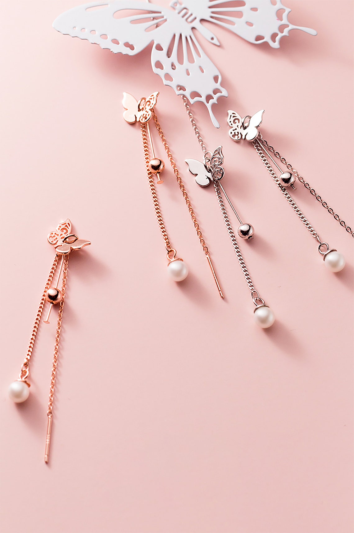 Butterfly pearl Ear Thread Fashion Threader Earring 925 Silver Etsy