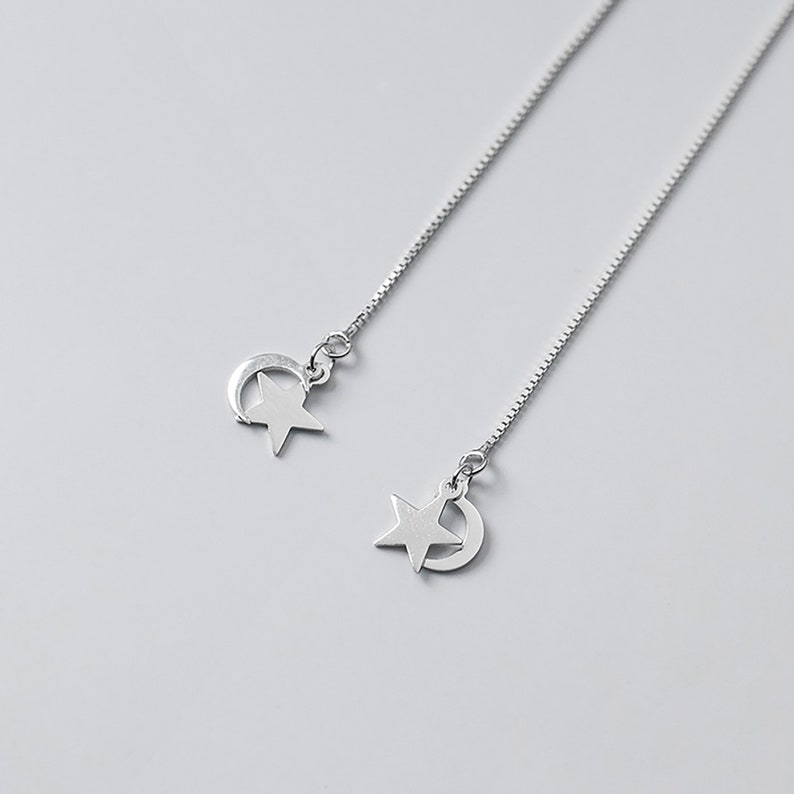 Moon and Star Ear Thread Fashion minimalist Threader Earring 925 Silver Unique birthday present gift for girl for her Everyday Drop Earring