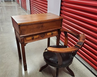 Antique walnut writing desk made in  Lockport New York flip-top and English regency swivel chair empire style desk