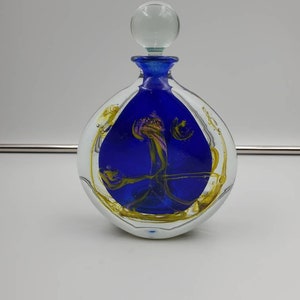 Vintage Michele luzoro signed art glass bottle with stopper blue gold yellow clear