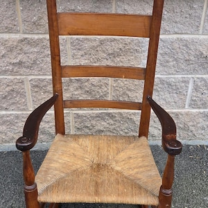 Antique early American  Shaker Ladder-Back chair Rocking conversion Chair rush seat sq pined armed chair