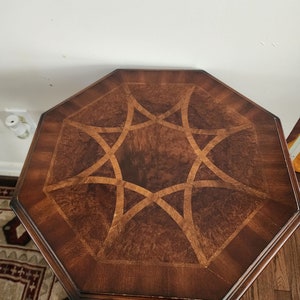 Vintage occasion hexagon pedestal table  S scroll legs Baroque 20&quot;dia top 27.75&quot; high 15&quot;base walnut burl