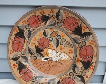 Vintage Mexican folkart Tonala terracotta pottery wall hang platter charger sign Mexi J.A