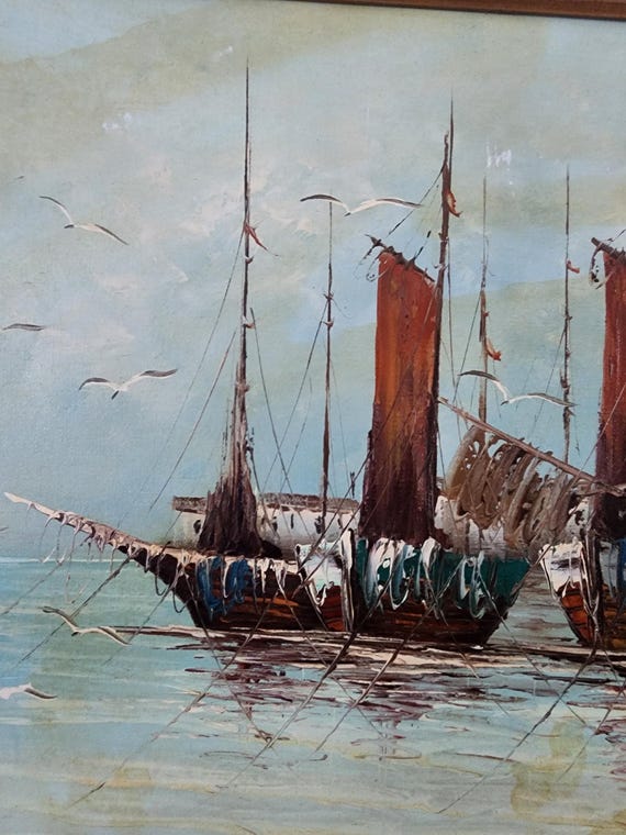 Original Oil Painting Artwork by Artist Morgan - Boat Anchored in