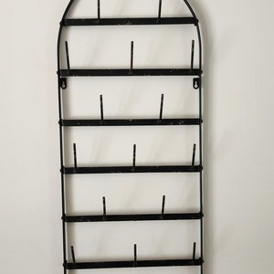 Early 20th century French wine  drying rack holds 20 bottles hooks wrought iron 57&quot;x15&quot;x3&quot; black