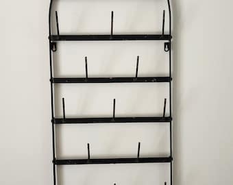 Early 20th century French wine  drying rack holds 20 bottles hooks wrought iron 57"x15"x3" black