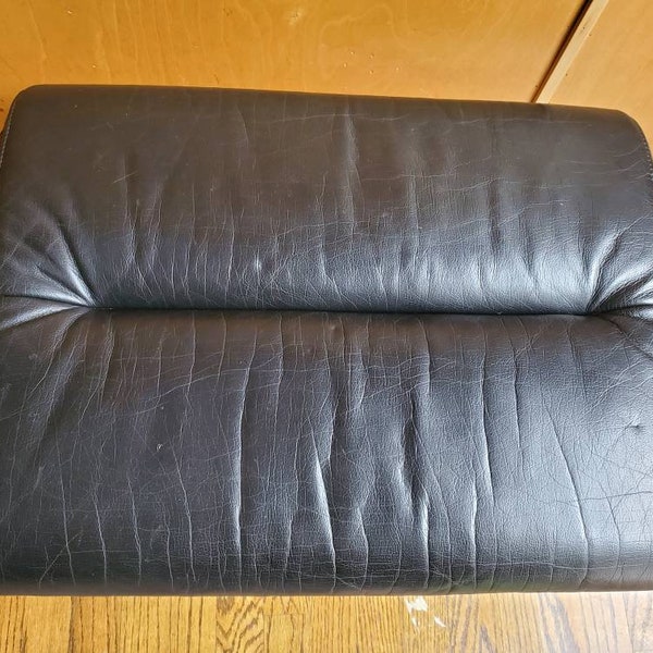 Mid-century modern Danish leather and fabric tufted  ottoman black metal tube base swivel