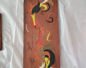 Mid-century modern gravle wall art rooster walnut wall hanging plaque