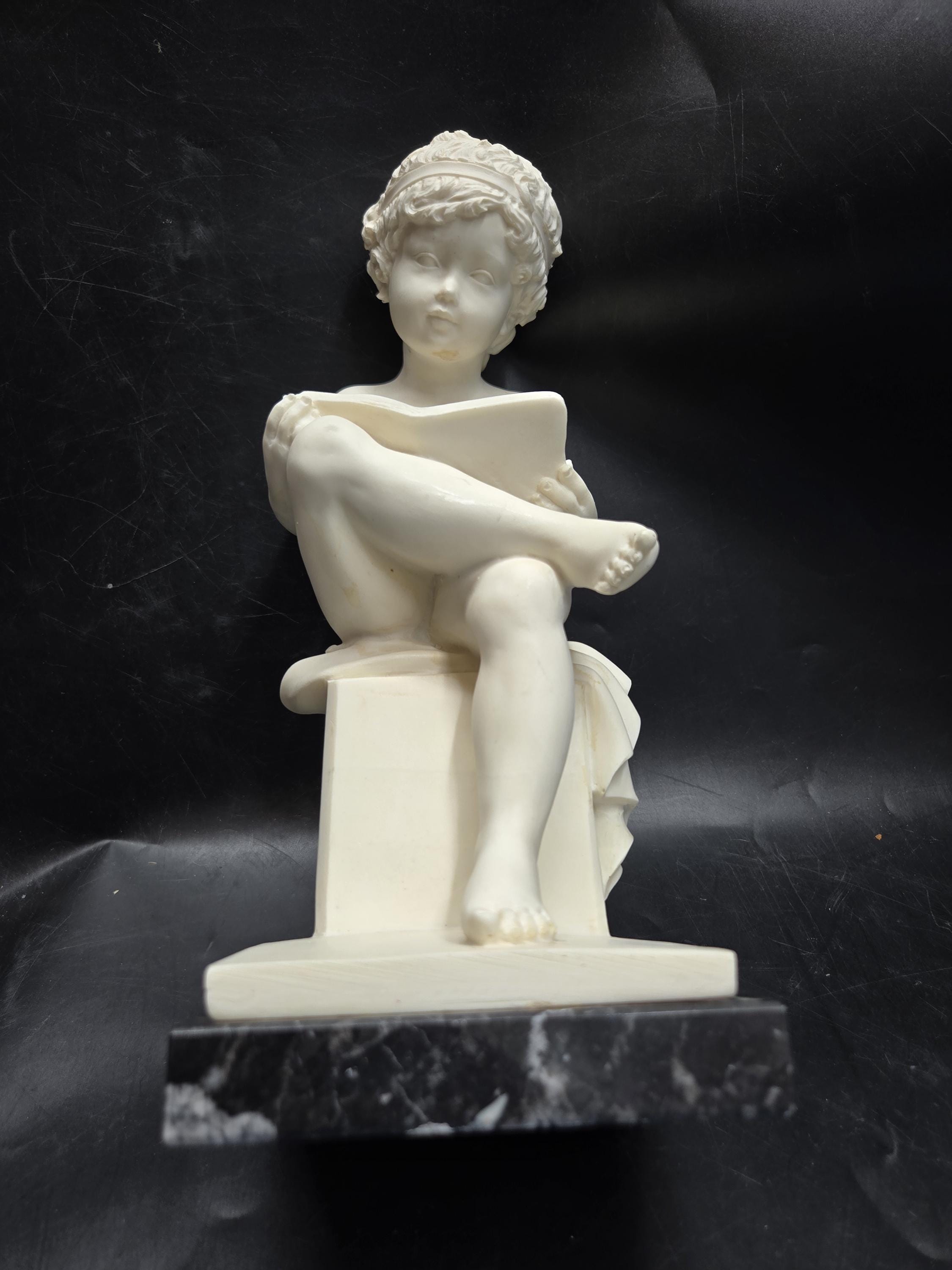 A.santini Italian Sculpture Figures Child /churub Reading Statue