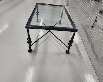 Vintage Diego Giacometti style wrought iron glass top coffee table   42" long 26"wide 19" high painted black