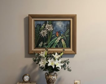 21 "x17" gemaltes Schild mit Blumen und Papageien 15x12."