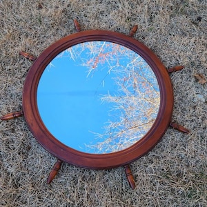 Vintage ship wheel mirror carved wood thirty-six inch diameter boat houses