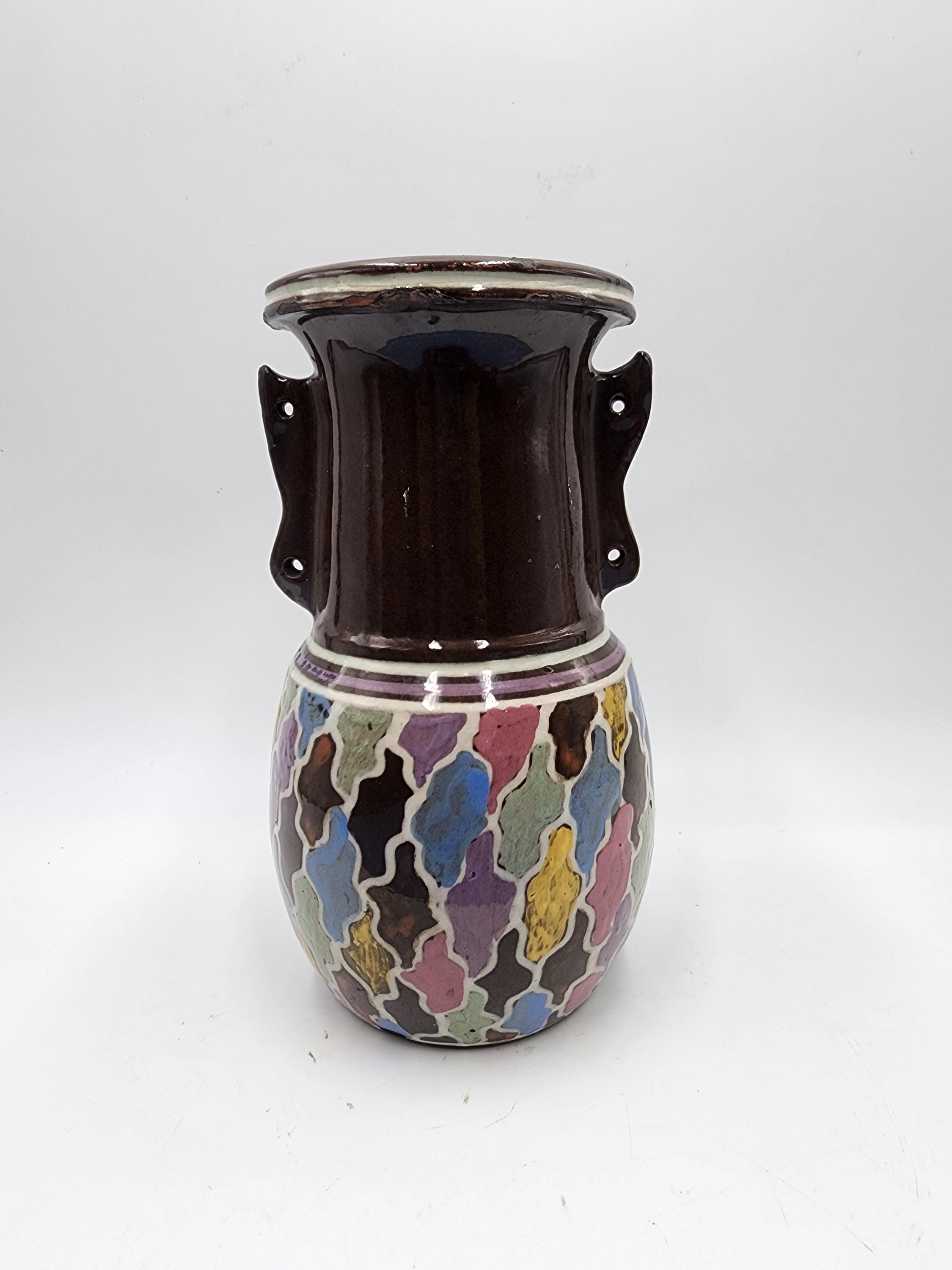 ヴィンテージ セラミック花瓶 ブラウン カラフル 直径8インチ4インチ