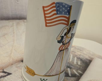 9.25" canister tea caddy italy porcelain American flag lady liberty patriotic American folk art style