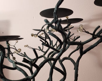 Vintage twig floor wrought-iron  candle holders 7 lite candelabra resin flower blossom 45.5" high tree branch root