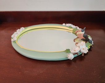 ヴィンテージ 楕円形 樹脂製 壁掛けミラー 鳥 花柄 14