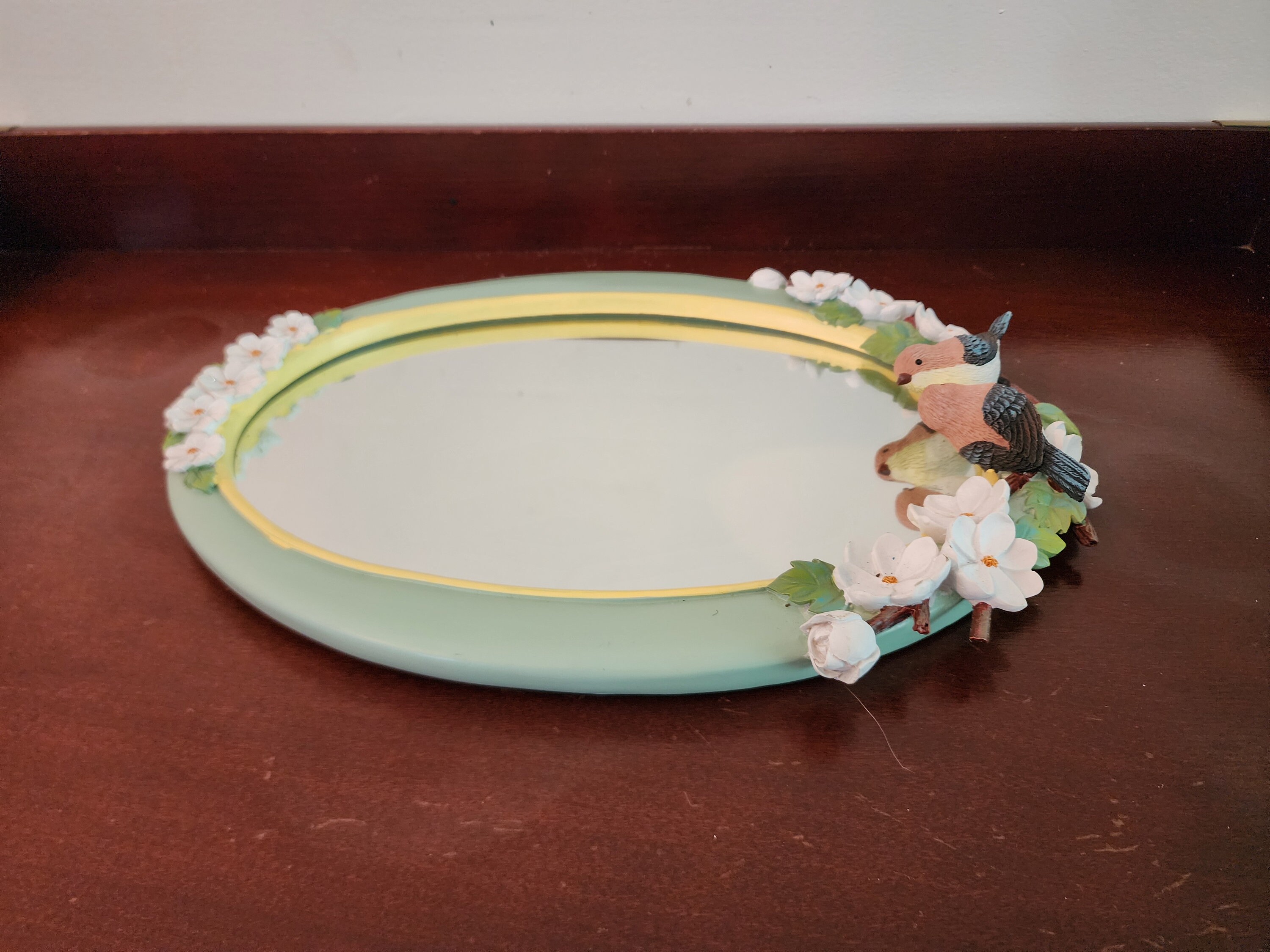 ヴィンテージ 楕円形 樹脂製 壁掛けミラー 鳥 花柄 14