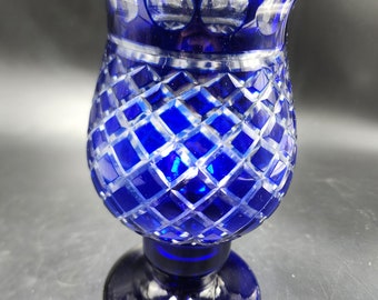 Vintage Bohemian art glass vase cut blue to clear candles holder hurricane 8.5" tall 4" diameter top base 4.5" dia