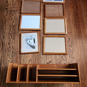 Danish mid century modern teak shelf desk organizer and seven teak frames.