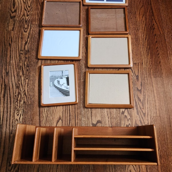 Danish mid century modern teak shelf desk organizer and seven teak frames.