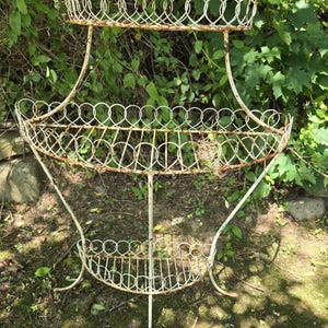 Antique Victorian Metal Wire Plant Stand White Paint Rust Bow