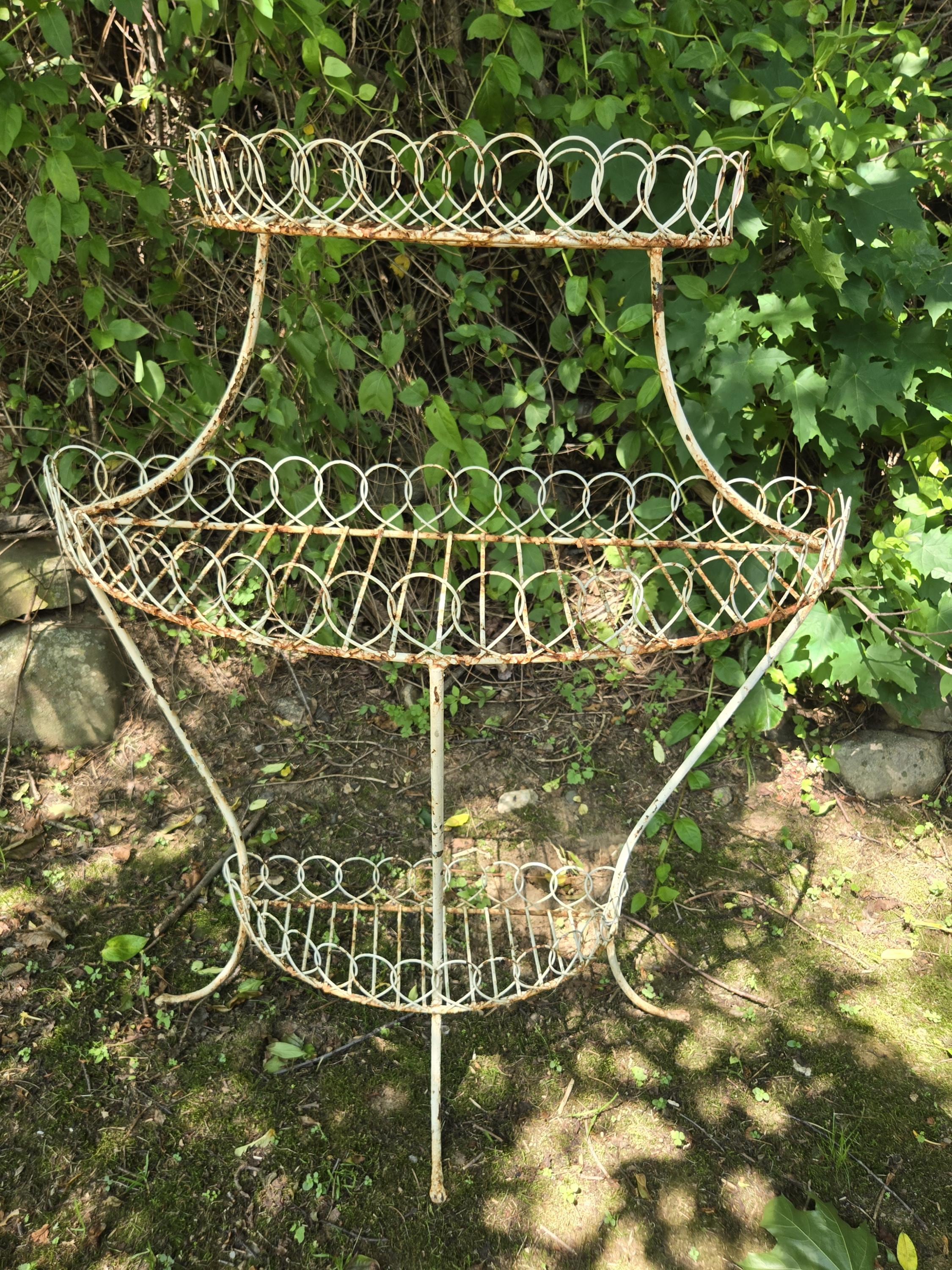 60s Vintage Carnation WireCrateワイヤークレート❺ Antique Victorian Metal Wire Plant Stand White Paint Rust Bow