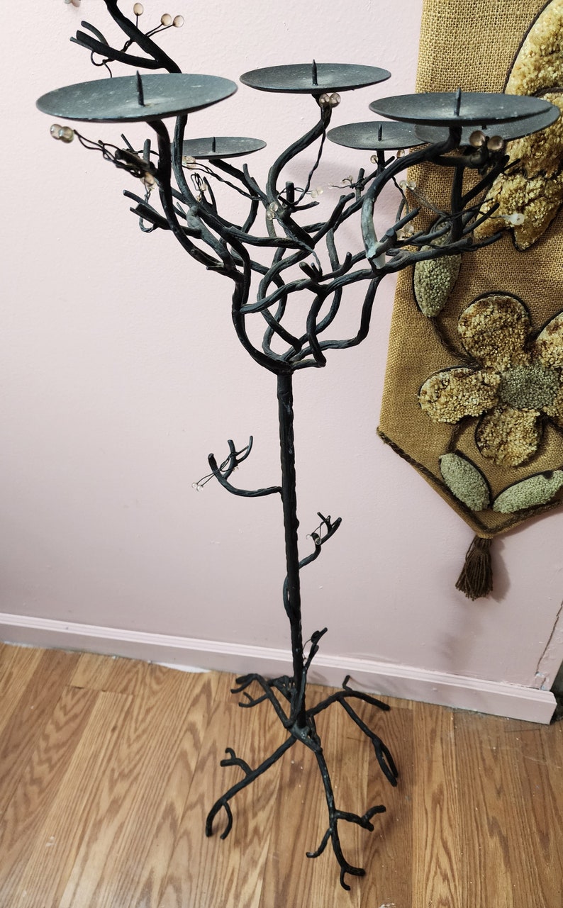 Vintage twig floor wrought-iron candle holders 7 lite candelabra resin flower blossom 45.5 high tree branch root image 5