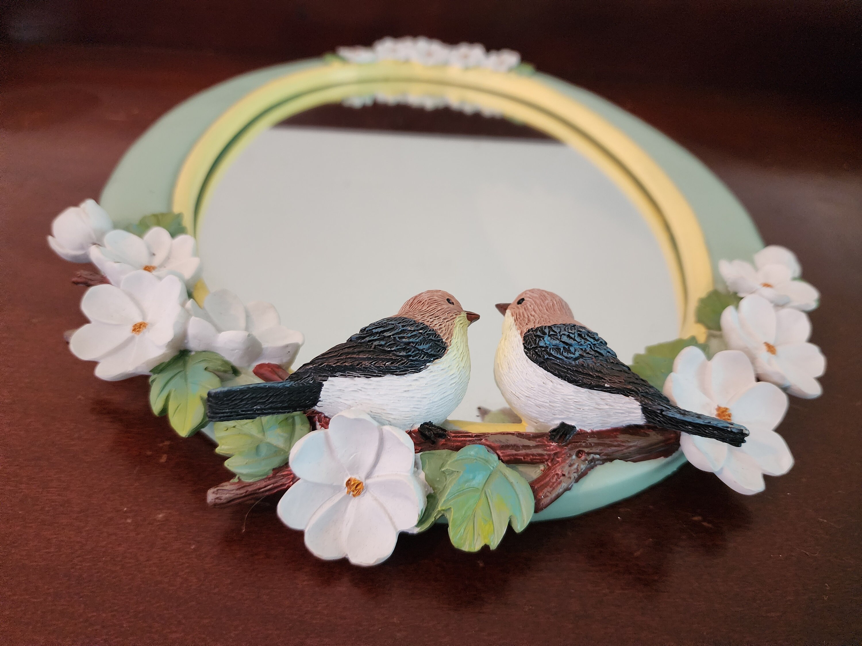 ヴィンテージ 楕円形 樹脂製 壁掛けミラー 鳥 花柄 14