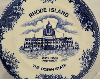 Blue And White China Teacup & Saucer Souvenir Of  Rhode Island cup and saucer 5.75" dia  cup 3.75 dia x2.75" tall