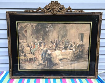 Victorian print by Vicente Garcia De Paredes Painted Antique English Print of 18th Century Salon Scene  Frame