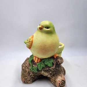 May include: A ceramic bird planter with a green and yellow body, orange accents, and green leaves. The bird is perched on a brown tree stump.