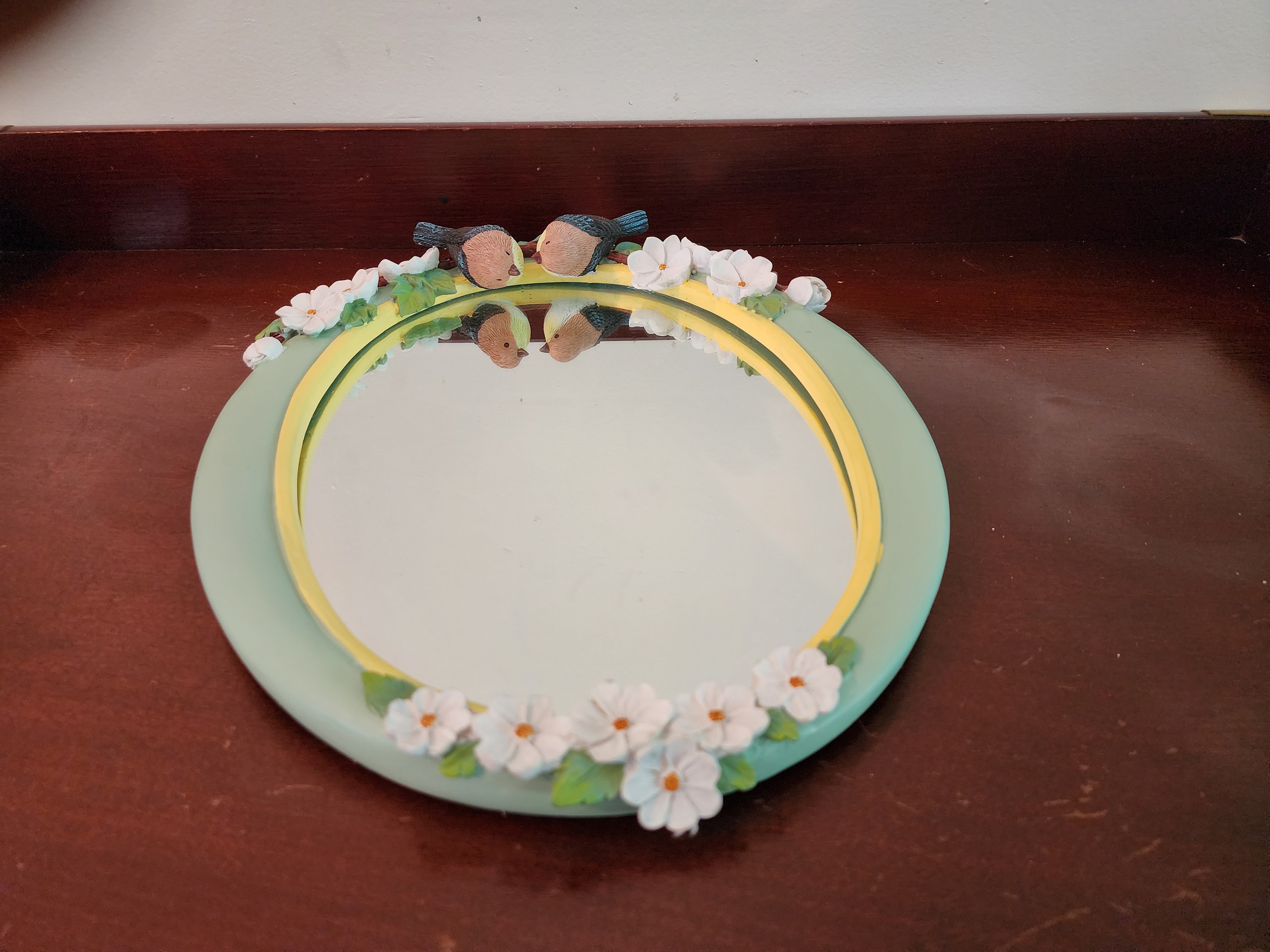 ヴィンテージ 楕円形 樹脂製 壁掛けミラー 鳥 花柄 14