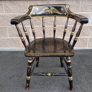 20thc New England captain chair painting American eagle and stars gold red black