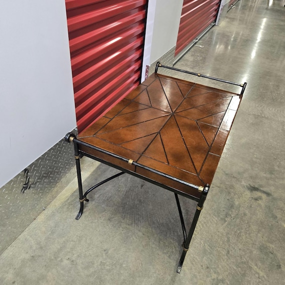 Vintage la barge wrought iron and leather top  coffee table   34" long 20"wide 19" high brass binding accent free shipping