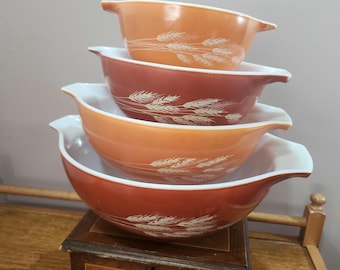 VTG PYREX Set 4 Herbst Ernte Weizen Cinderella Nesting Rührschüsseln 441 - 44 braun