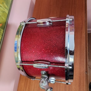 Vintage Zim-Gar snare drum Brooklyn NY made in Japan red glitter snairking 8.75 tall 12 diameter image 4