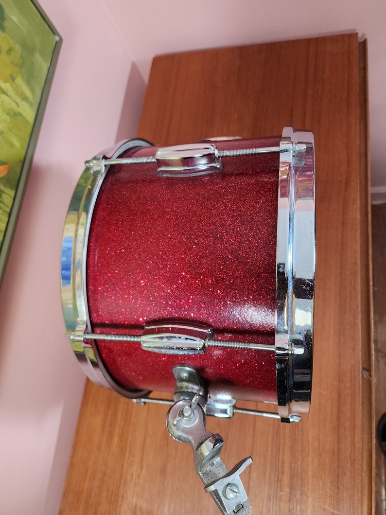 Vintage Zim-Gar snare drum Brooklyn NY made in Japan red glitter snairking 8.75 tall 12 diameter image 4