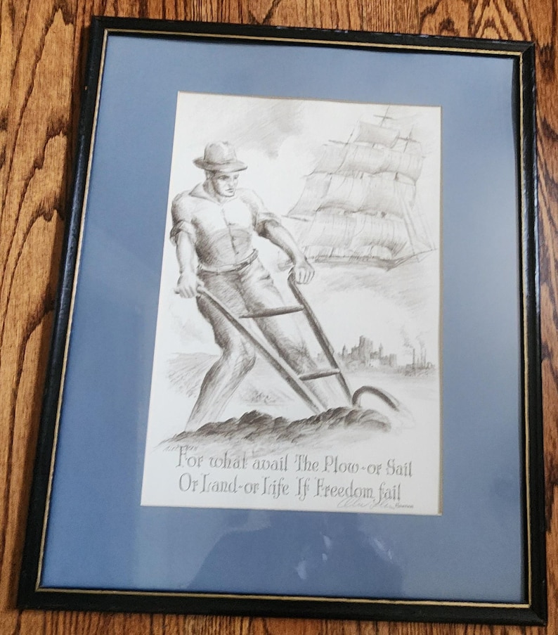 Vintage sign Alec Stern print farmer and industrial poem by Ralph Waldo Emerson 20"x17" image 1